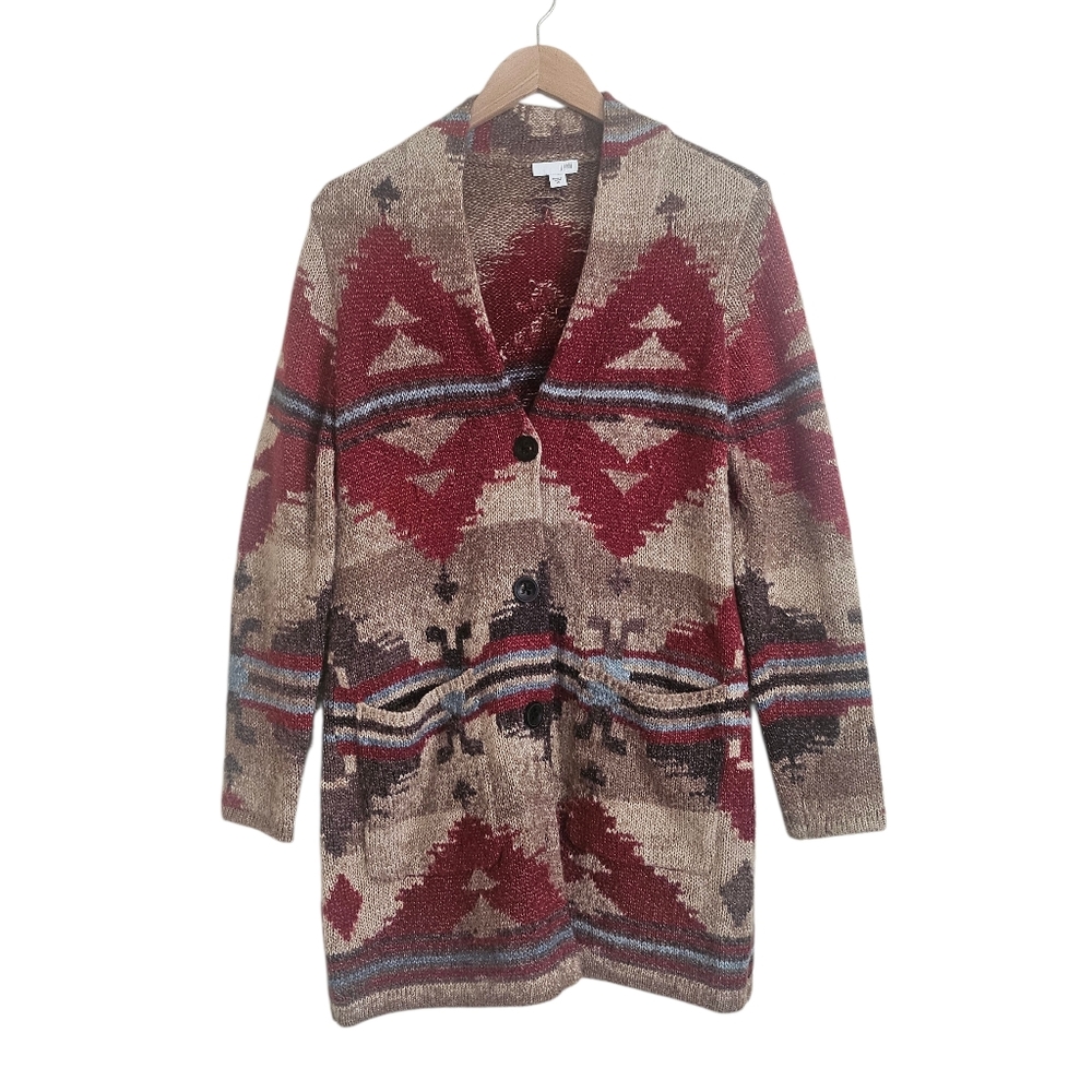 J. Jill Southwestern Vibrant Aztec Wool Blend Longline Cardigan Sweater, Size XS